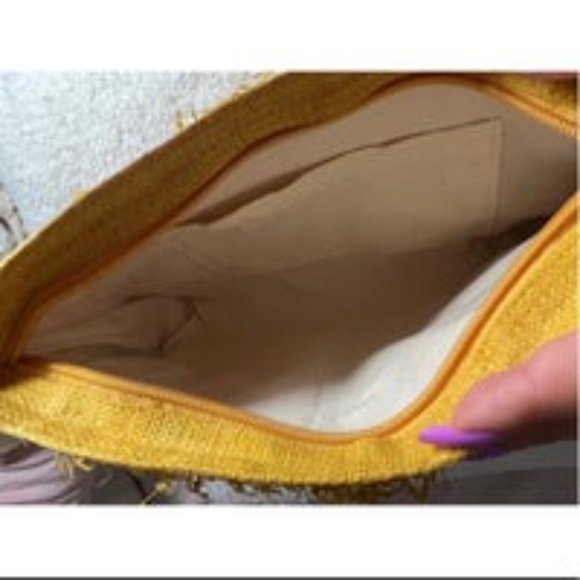 Women's Yellow Fringe Straw Clutch Small Bag Cherry Pom Poms Zip Close - Picture 5 of 7
